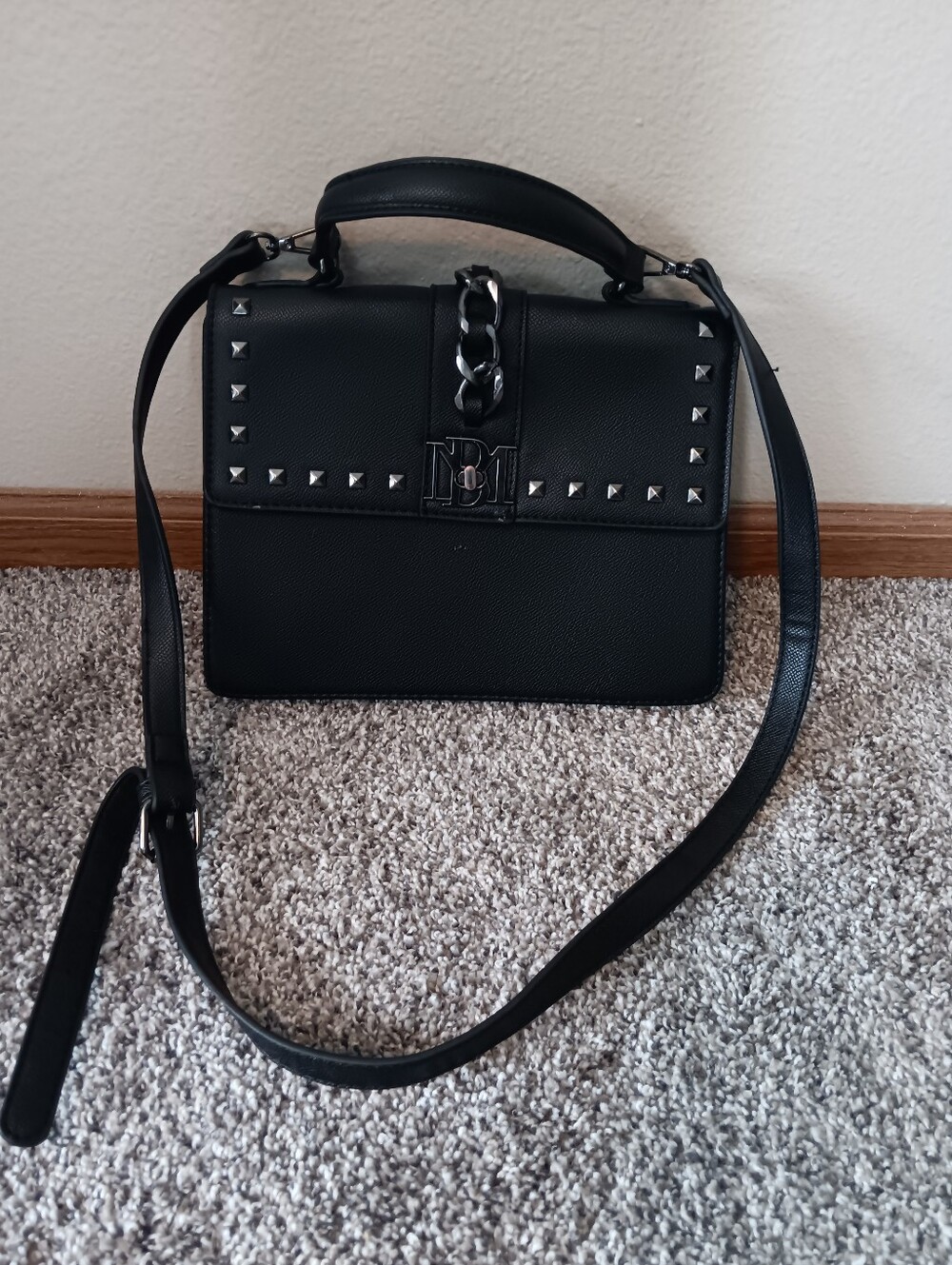 Badgley Mischka Black Studded Satchel Crossbody Handbag